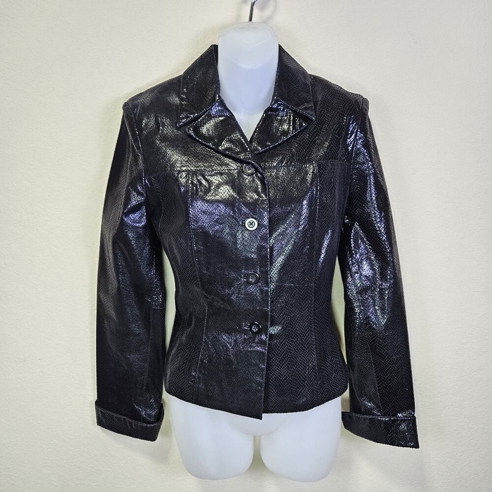 90s CACHE Leather Jacket Womens 2 Black Snake Embossed Biker Y2K VTG Glam Rock